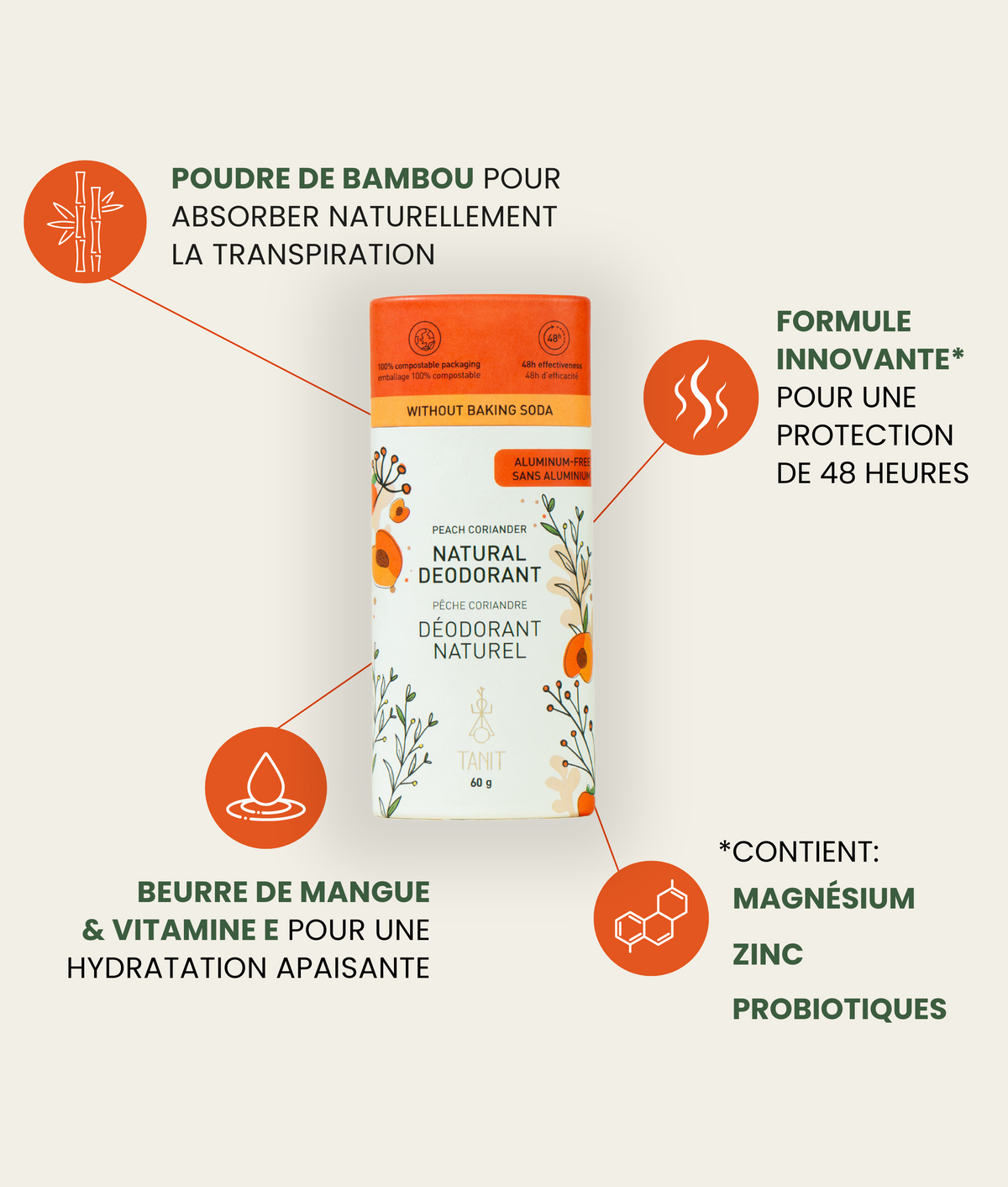 TANIT - Déodorant solide naturel - Pêche coriandre