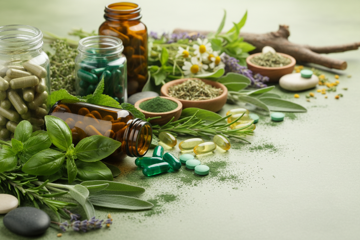 je veux une image de background avec des vitamines herbales, des feuilles, de la vitamine dans des tons de vert 