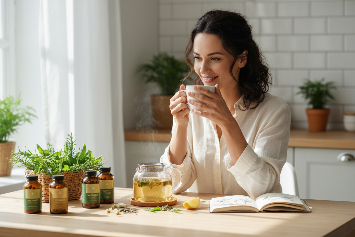 mets des vitamines et une femme en sante qui bois du thé